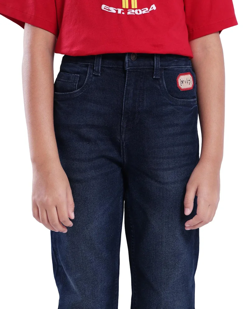 رير ونز Rare Ones Kids Tobby Dark Blue Cotton Solid Button And Zip Closure Slouchy Fit Jeans