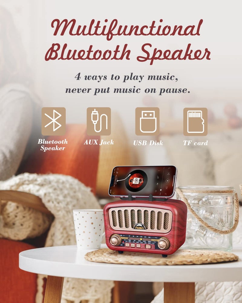 PRUNUS J-180 Vintage Retro Radio Bluetooth Speaker with Stereo Sound, AM FM Radio Portable with Loud Volume, BT5.0, TF Card & MP3 Player, Rechargeable Speaker - Image 3
