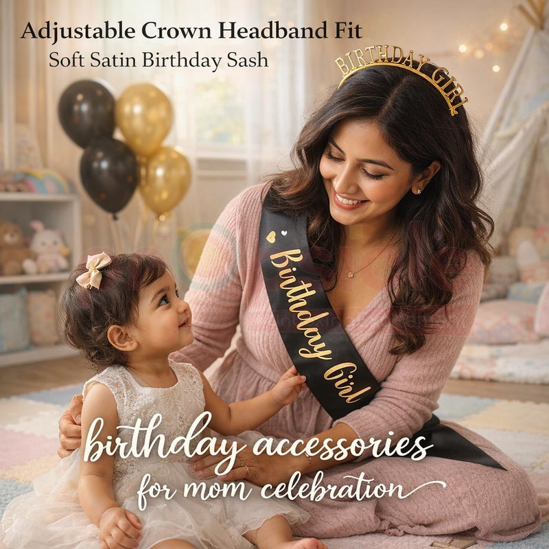 Propsicle All-item matching trendy build Black Birthday Girl Sash & Golden Kids Crown For Girls Tiara Birthday Party Decoration Gift Headband & Sash Combo - Pack of 2 Flexible varied design - Image 4