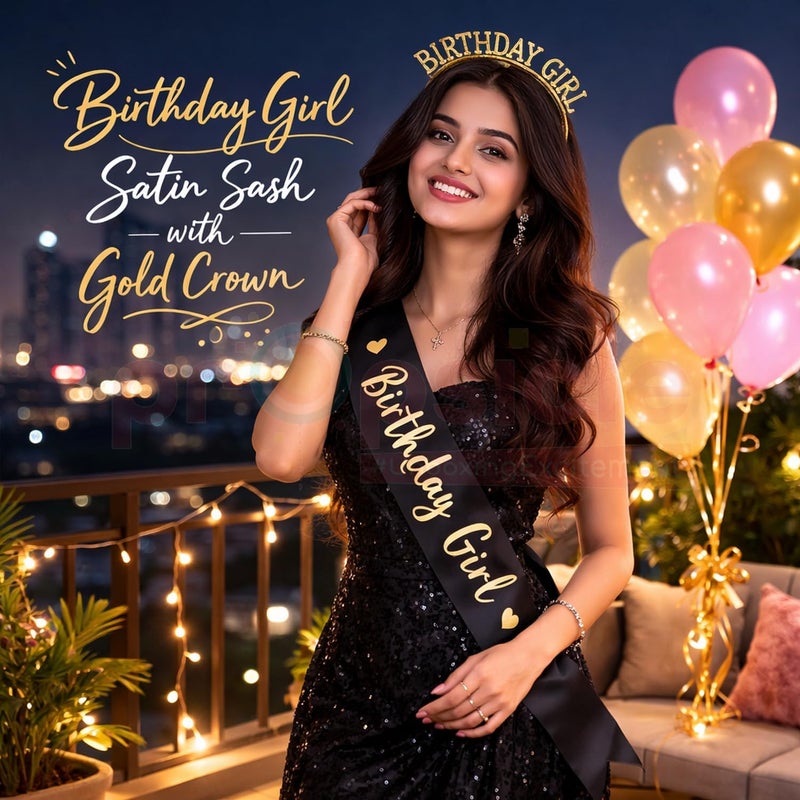 Propsicle All-item matching trendy build Black Birthday Girl Sash & Golden Kids Crown For Girls Tiara Birthday Party Decoration Gift Headband & Sash Combo - Pack of 2 Flexible varied design - Image 2