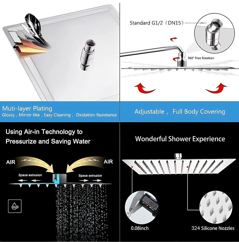 CARNIVAL Heavy Duty Ultra Slim Square 8x8 Overhead Shower | Stainless Steel 304 Rainfall Shower Head for Bathroom | Adjustable Angles with Premium Chrome Finish without Arm - Image 3