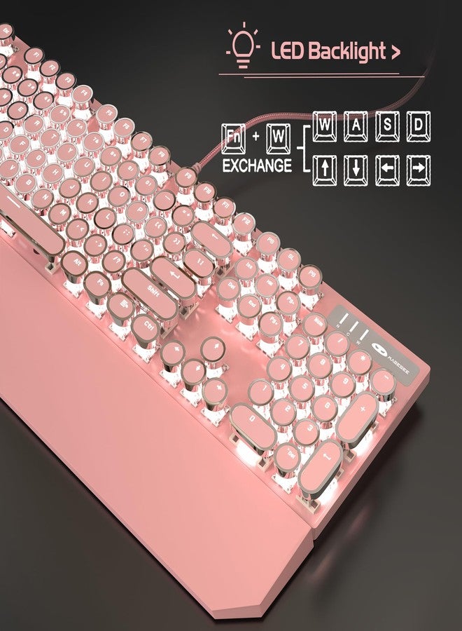 MageGee Typewriter Mechanical Gaming Keyboard, Retro Punk Pink Round Keycaps, 104 Keys LED White Backlit Wired Keyboards for Laptop MAC PC Gamer, with Magnetic Wrist Rest, Blue Switch - Image 5