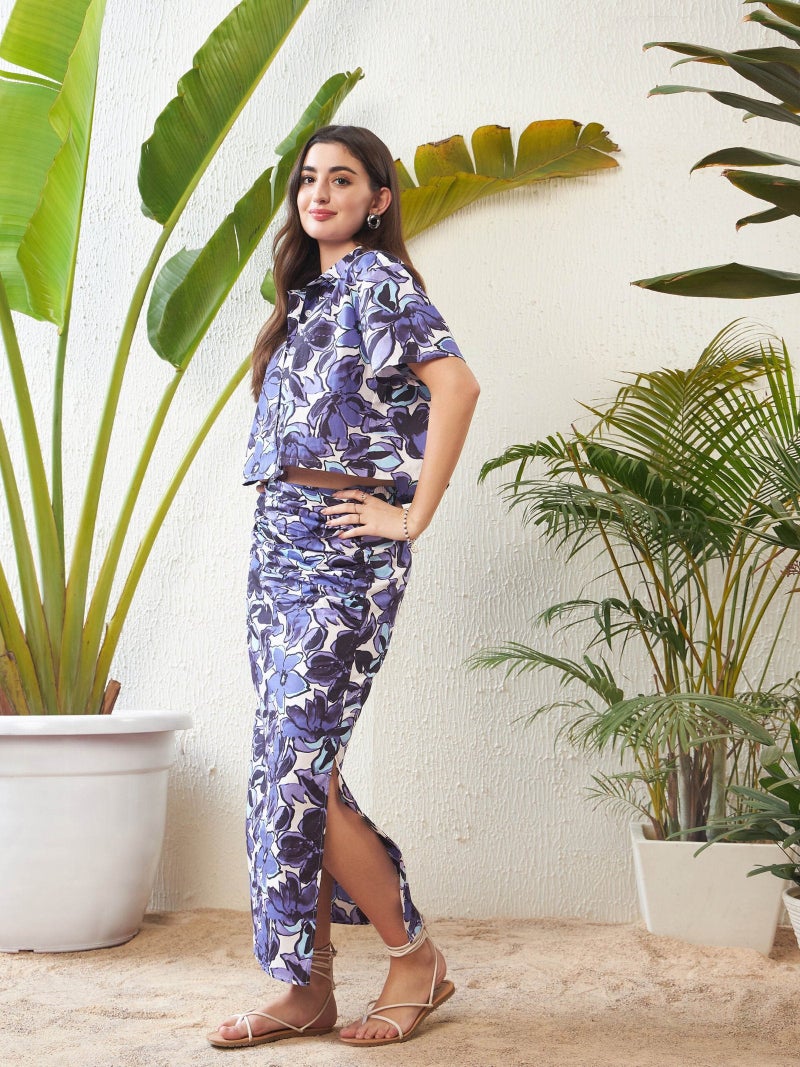 PRASHA Women Purple Floral Crop Shirt With Side Ruched Maxi Skirt - Image 3