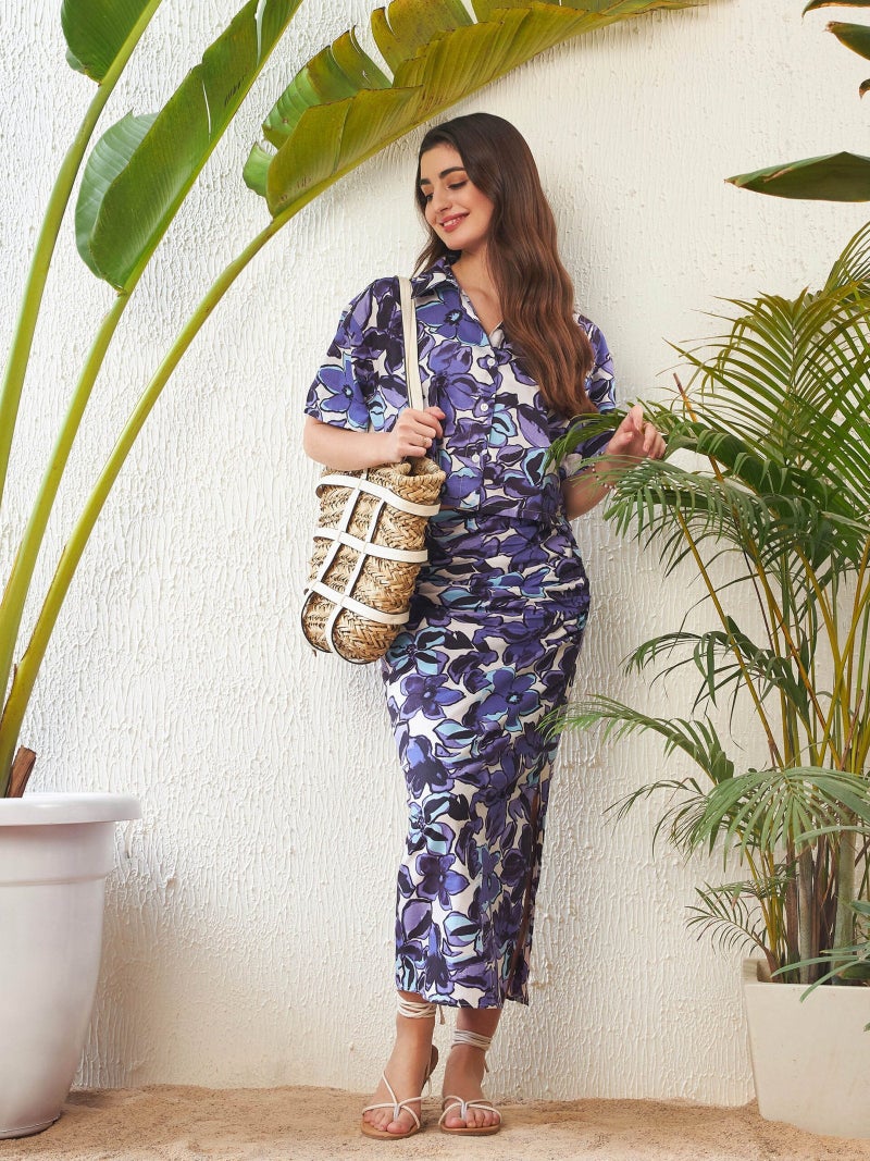 PRASHA Women Purple Floral Crop Shirt With Side Ruched Maxi Skirt - Image 2