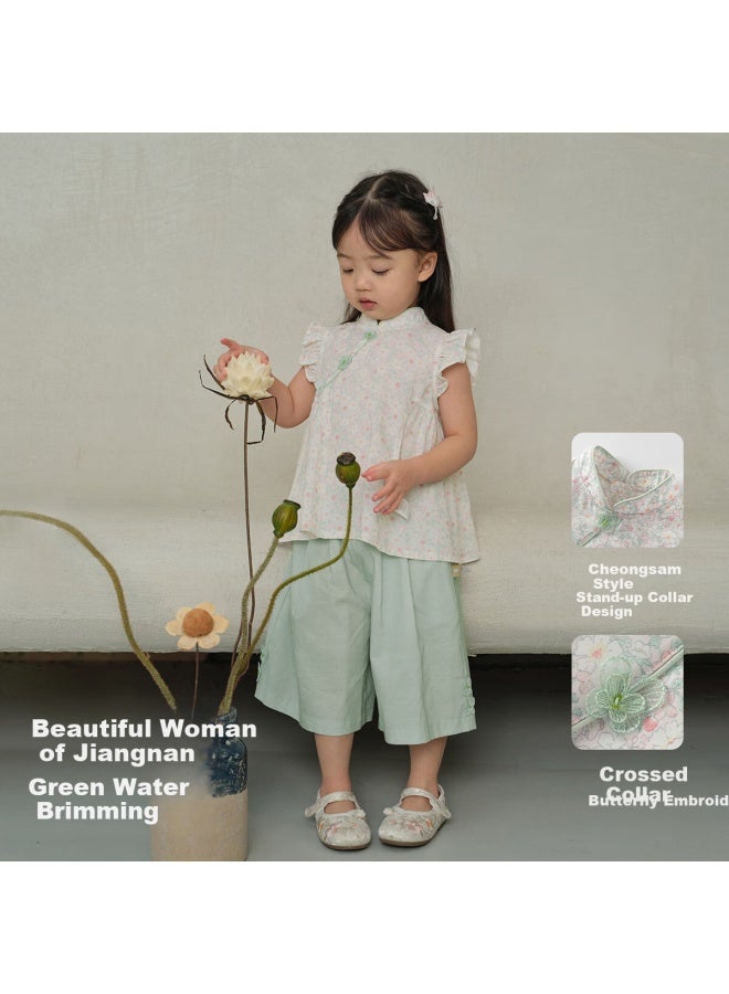 Dave & Bella Girls' Cool Feeling Seven-Point Pants Set Summer Clothing Middle And Large Children'S Antibacterial Chinese Style Two-Piece Set - Image 2