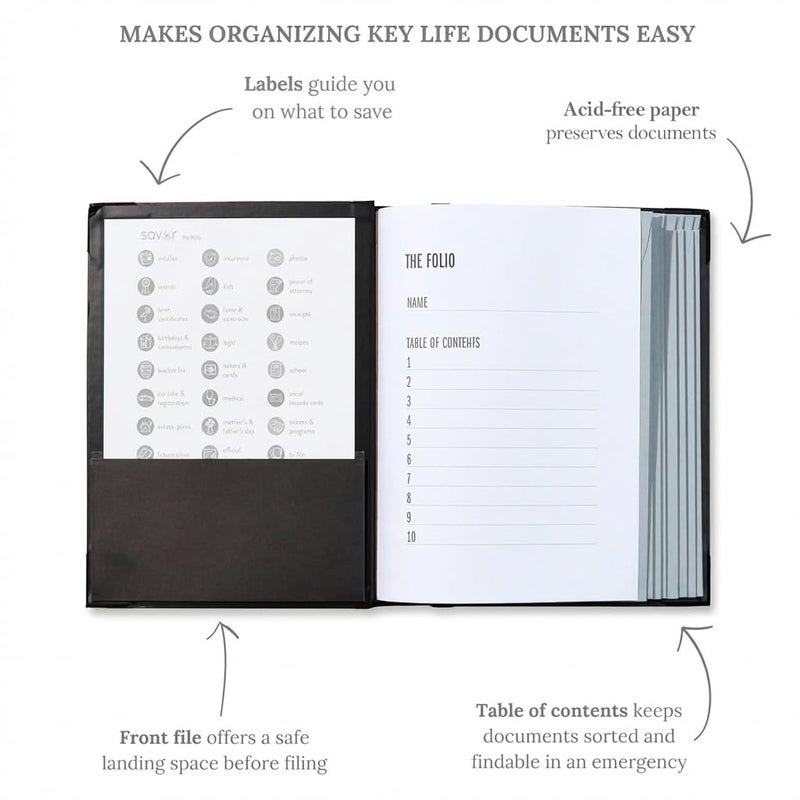 Savor The FolioÂ® Important Document Organizer by Savor | Binder with Guided Labels, Acid-Free File Folder Organizer with 10 Pockets, Document Holder for Home Records, Legal and Medical Papers (Black) - Image 4