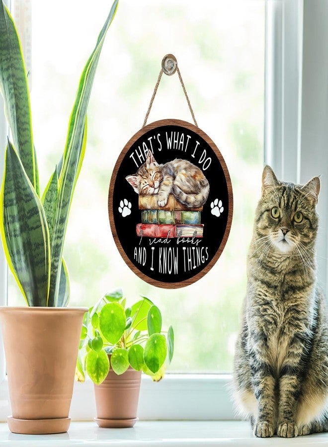 Bolisom Reading Corner Cat Front Door Sign, Inspirational That's What I Do I Read Books And I Know Things Wood Plaque Hanger, School Classroom Library Wooden Wreath Wall Hanging Decor Book Lovers Gift - Image 5