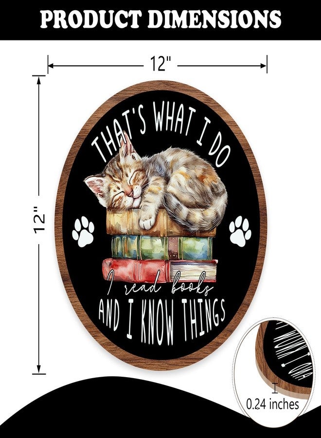 Bolisom Reading Corner Cat Front Door Sign, Inspirational That's What I Do I Read Books And I Know Things Wood Plaque Hanger, School Classroom Library Wooden Wreath Wall Hanging Decor Book Lovers Gift - Image 2