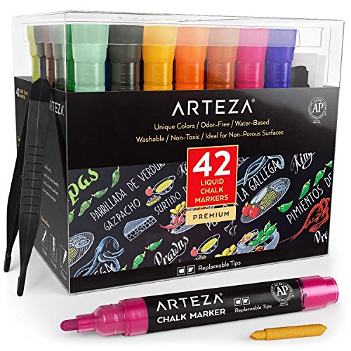 ARTEZA Liquid Chalk Markers, 42 Colors Pack with 50 Chalkboard Labels, Fine Tip Chalk Pens for Blackboard, Whiteboard, Windows, Mirrors, Glass - Image 1