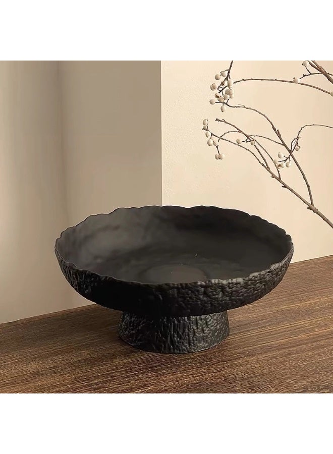 Matte Ceramic High Foot Fruit Bowl | 10.4'' 26.5 CM | Perfect Home Decor | High-Temperature Fired Thickened Ceramic Bowl, Non-Slip Wide Base Serving Platter with Irregular Edge Design- Black - Image 1