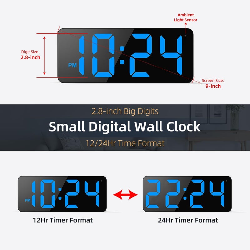 XUANZIT LED Digital Wall Clock with Large Display, Big Digits, Auto-Brightness, 12/24Hr Format, Modern Electric Small Silent Wall Clock for Living Room, Bedroom, Classroom, Farmhouse, Kitchen, Office - Blue - Image 3