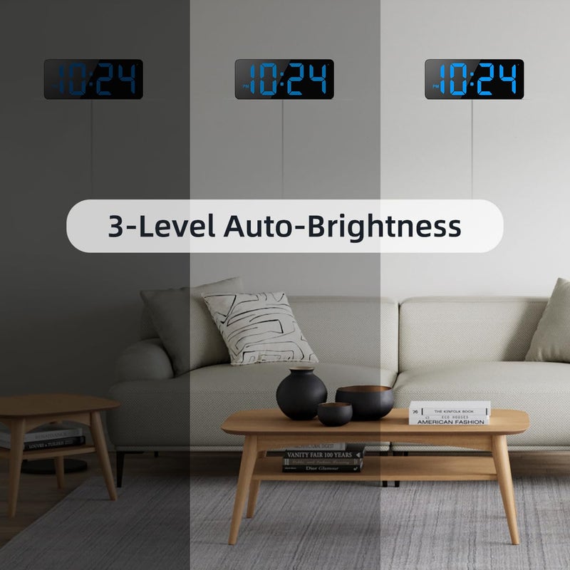 XUANZIT LED Digital Wall Clock with Large Display, Big Digits, Auto-Brightness, 12/24Hr Format, Modern Electric Small Silent Wall Clock for Living Room, Bedroom, Classroom, Farmhouse, Kitchen, Office - Blue - Image 4