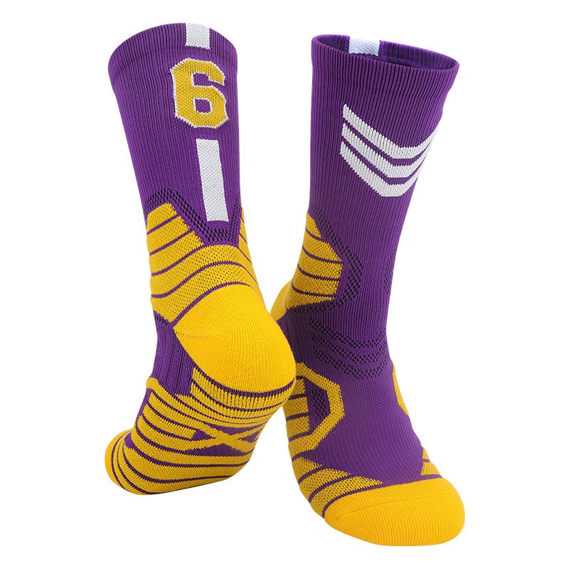 Spring and Summer High-Top Basketball Socks, Stockings, Mens Sports Socks, Boys and Childrens Sweat-Absorbent Mid-Length Towel Socks, Mens Wholesale Purple yellow-no. 6 Purple yellow-no. 6