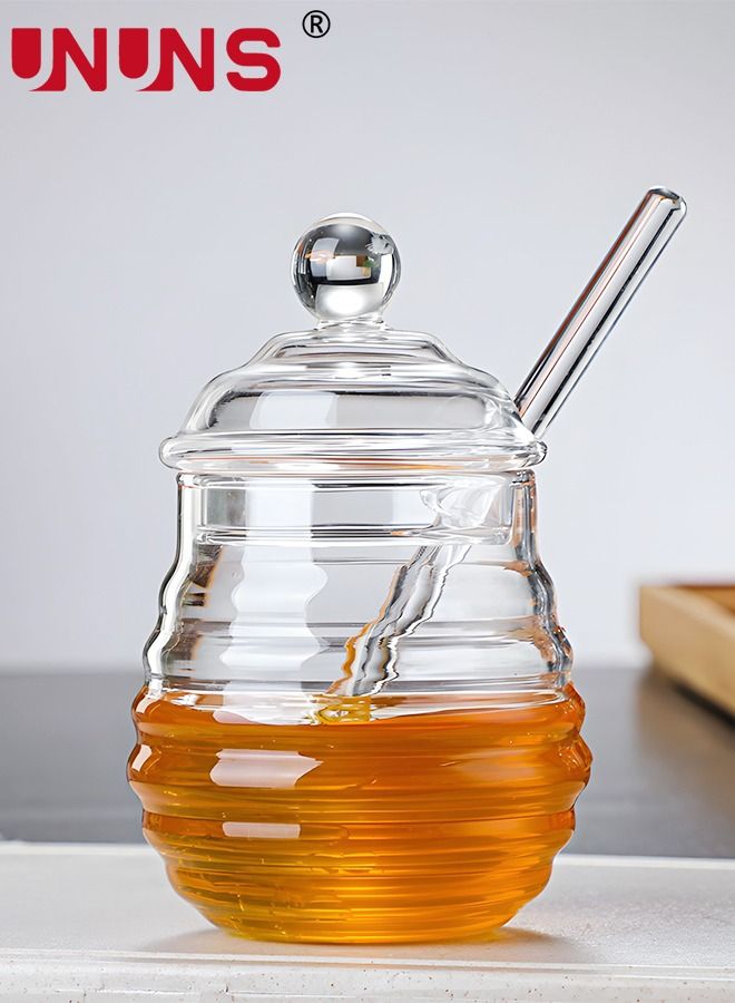 UNUNS Honey Dispenser Jar,Clear Honey Jar With Dipper And Lid,280ML Glass Beehive Honey Pot,Honey Containers Holder For Home Kitchen - Image 1