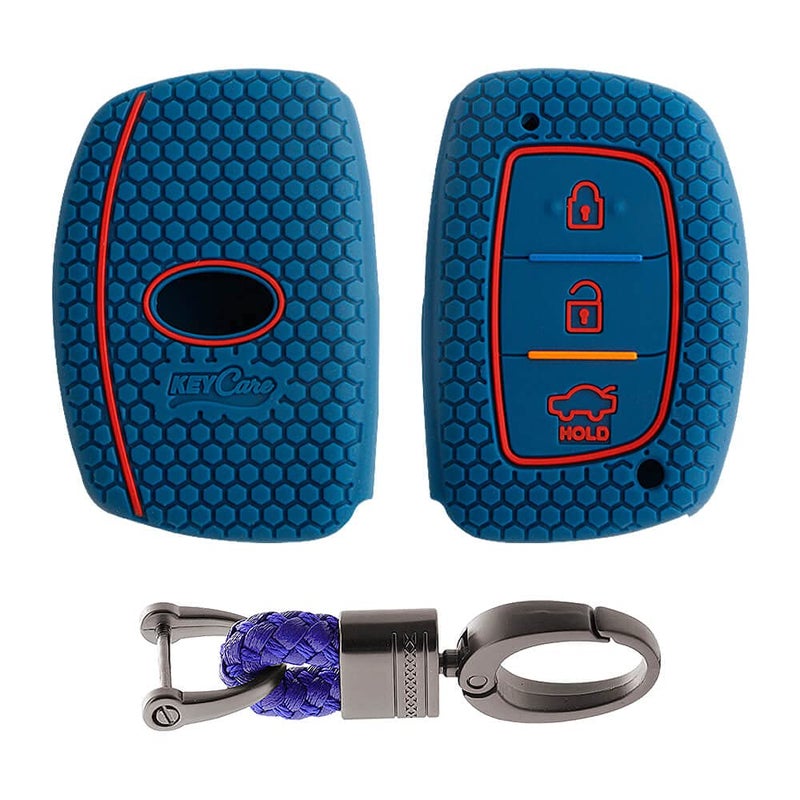 KeyZone Keycare Compatible Silicone Key Cover for Elite i20, Active i20, Aura, Verna 4s, Xcent, Tucson, Elantra 3 Button Smart Key (Push Button Start Models only) (Blue with Alloy Key Holder Blue) - Image 1