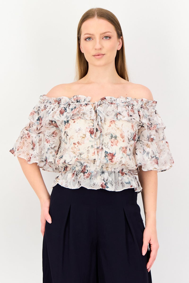 VERO MODA بلوزة نسائية بأكتاف مكشوفة بتصميم زهور وأكمام مزخرفة، متعددة الألوان - Image 1