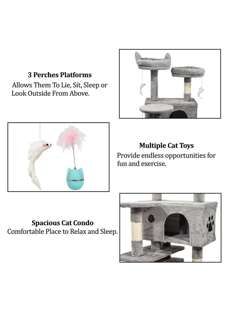 NNC PETS Cat tree activity center for indoor cats, Multi-level cat tree tower with Roly poly cat toy, Plush perches, Dangling toys, Scratching post, and Cozy cat condos, Durable & Easy assembly 140 cm (Grey) - Image 3