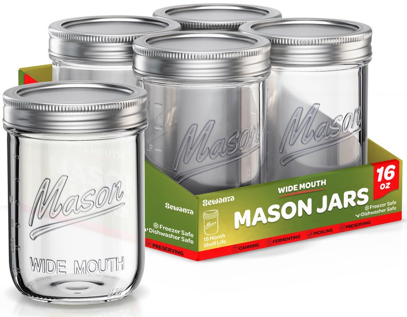 SEWANTA Wide Mouth Mason Jars 16 oz [5 Pack] With Mason Jar Lids and Bands, Mason Jars 16 oz - For Canning, Fermenting, Pickling - Jar Décor - Microwave/Freeze/Dishwasher Safe. - Image 1