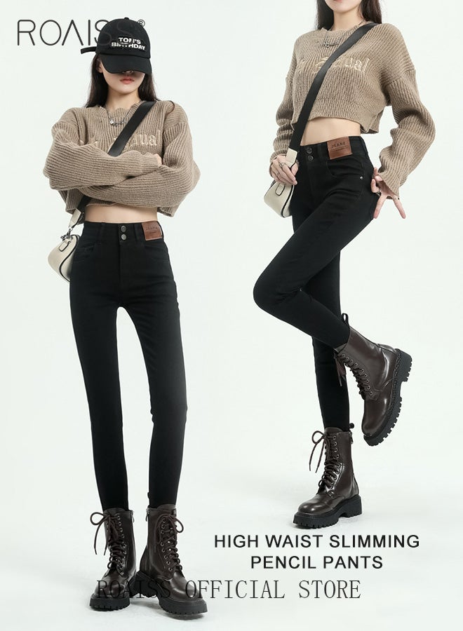 رويس سراويل نسائية عالية الخصر بقصة ضيقة مع تصميم على شكل ساق قلم رصاص، سراويل سجائر متعددة الاستخدامات بلون سادة مناسبة للارتداء كبنطلون Bootcut - Image 1