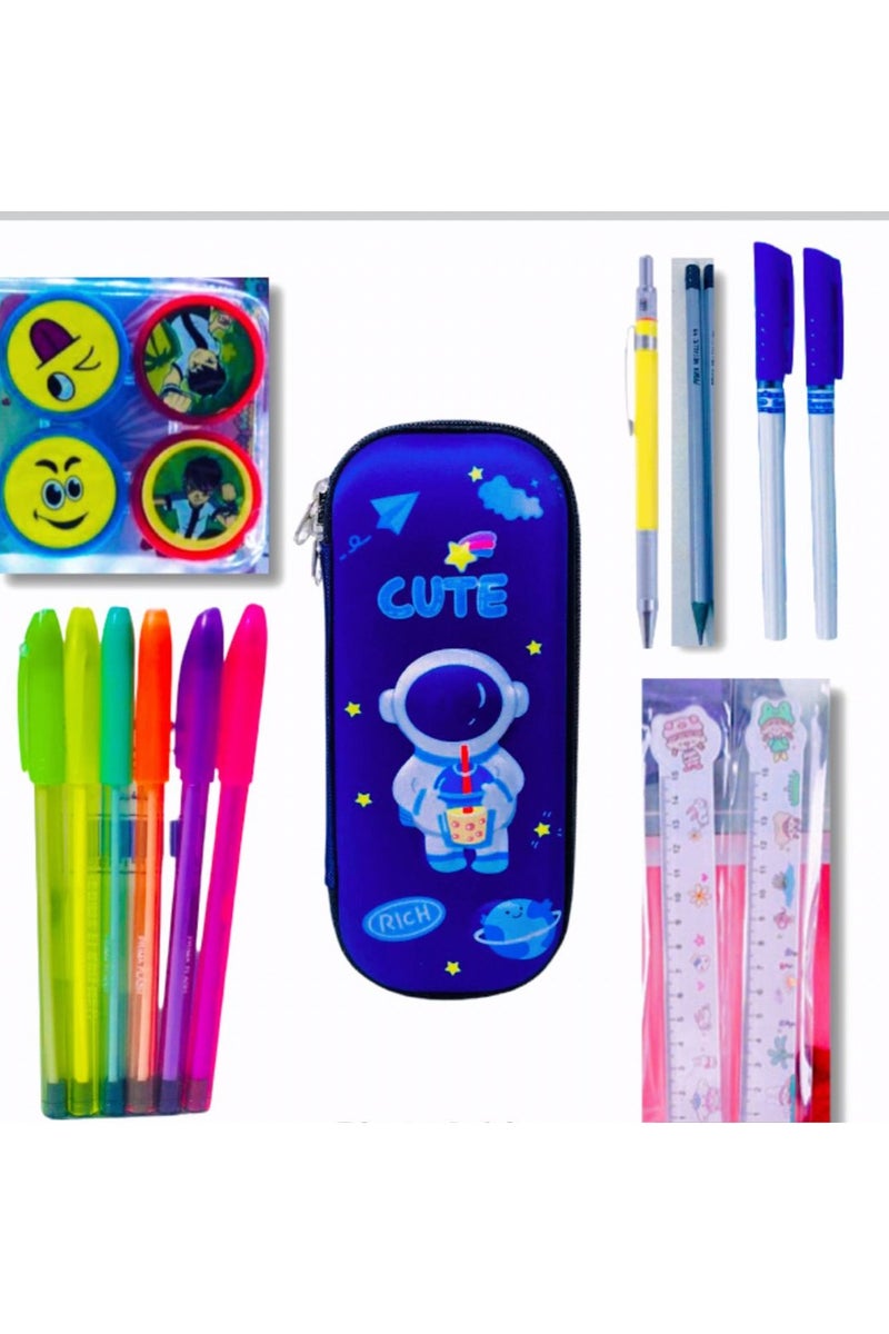 7-piece school supplies set (small and large astronaut pencil case, 4 colored highlighters, wooden pencils, 2 0.7mm ballpoint pens, 3 cartoon-shaped stamp pads, and a 15cm cartoon ruler) - Image 1