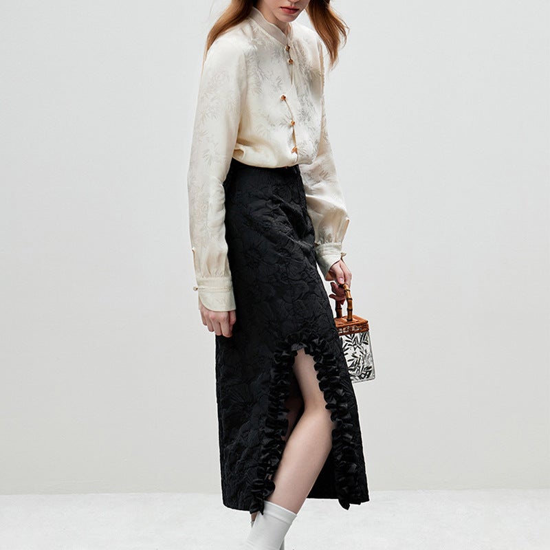 Fresh style bamboo shadow New Chinese style vest skirt top womens long sleeve light National style shirt Apricot - Image 4