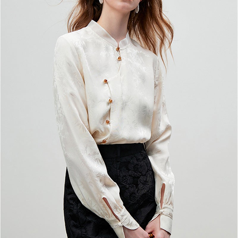 Fresh style bamboo shadow New Chinese style vest skirt top womens long sleeve light National style shirt Apricot - Image 3