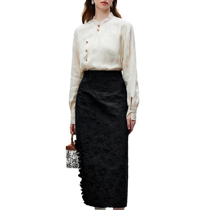 Fresh style bamboo shadow New Chinese style vest skirt top womens long sleeve light National style shirt Apricot - Image 5