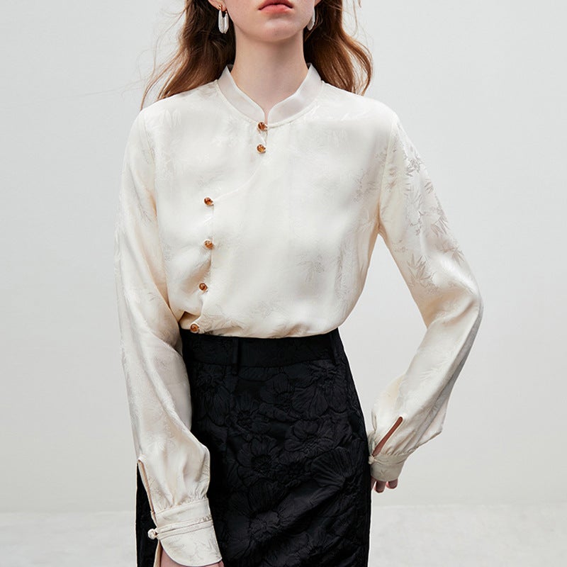 Fresh style bamboo shadow New Chinese style vest skirt top womens long sleeve light National style shirt Apricot - Image 1