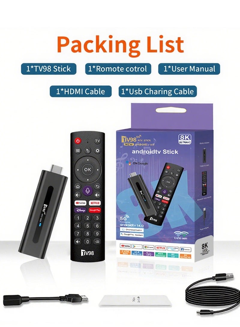 TV98 8K TV Stick 2+16GB Ultra HD Streaming Player with Android TV System Built-in Google Assistant Voice Remote  - Image 1