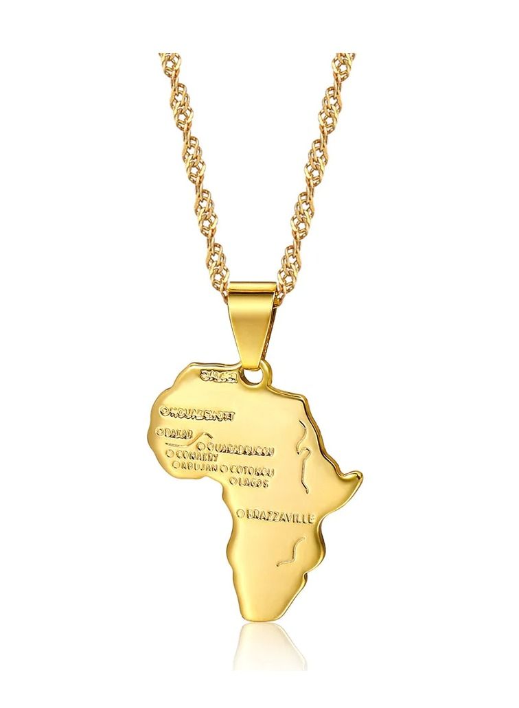 Africa Map Pendant and Letter Carved Design Map of Africa Shaped 18k Gold Plated Necklace, African gift for her, UNISEX African Pendant Gift - Image 1