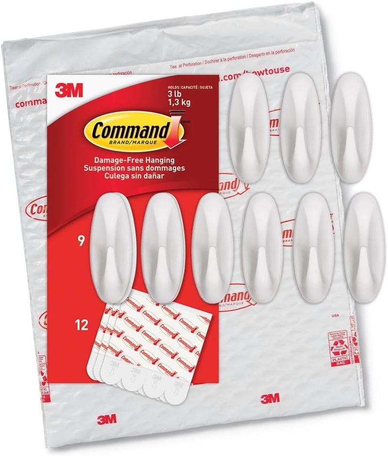 Command Medium Designer Hooks, White, 9-Hooks, 12-Strips, Organize & Decorate Damage-Free - Image 1