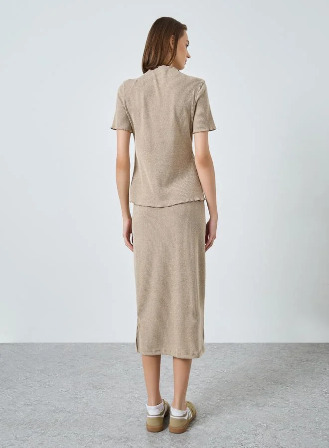 Styli Beige Ribbed Knit Top and Skirt Co-ords