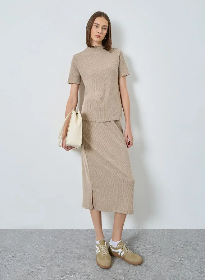 Beige Ribbed Knit Top and Skirt Co-ords