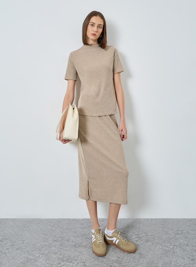Styli Beige Ribbed Knit Top and Skirt Co-ords - Image 1