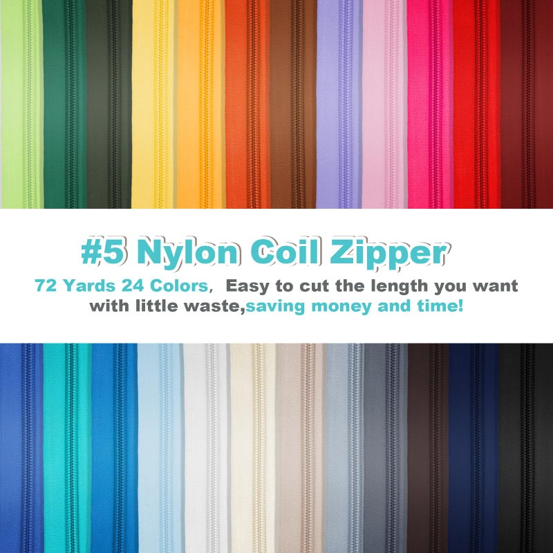 YUEDI 72 Yards 24 Colors #5 Nylon Zipper Rolls by The Yard with 3 Styles 260pcs Sliders,Continuous Zipper Tape for Sewing Projects,Bags,Jackets,and Crafts(24 Assorted Colors, #5) - Image 2