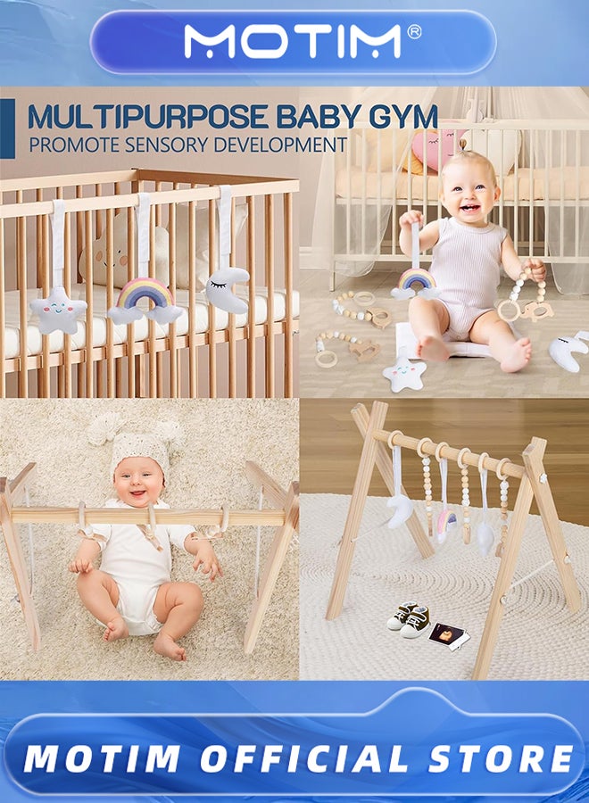 Motim Wooden Baby Play Gym with 6 Gym Toys Foldable Frame Activity Center Hanging Bar Natural Wood Play Gym Fit Baby Gym Mat - Image 3