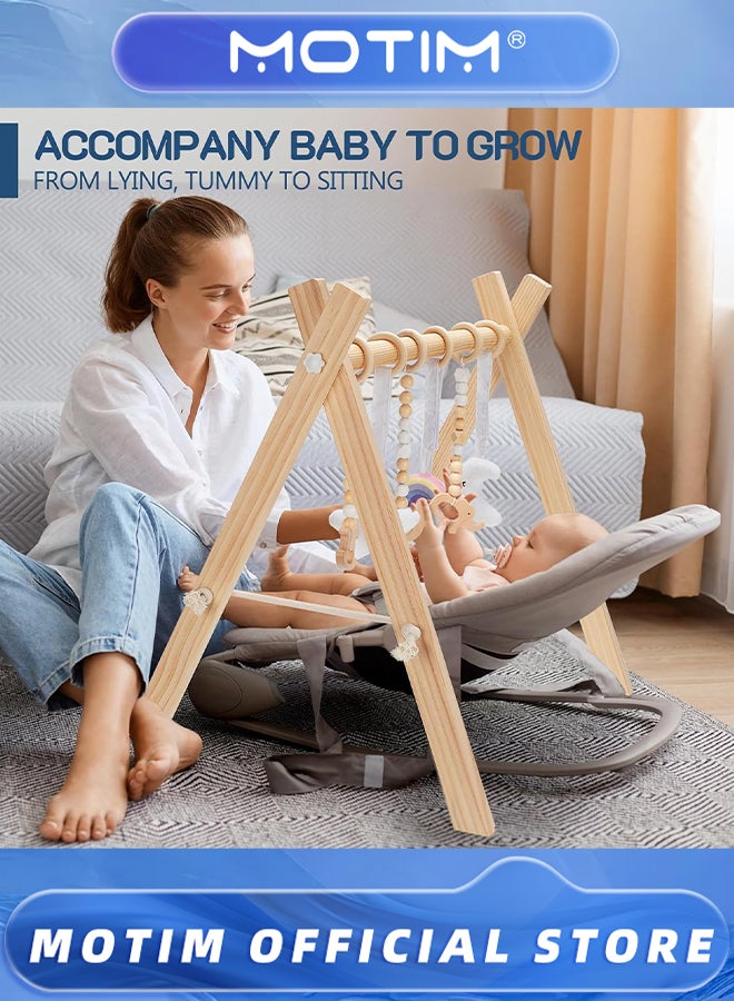 Motim Wooden Baby Play Gym with 6 Gym Toys Foldable Frame Activity Center Hanging Bar Natural Wood Play Gym Fit Baby Gym Mat - Image 2