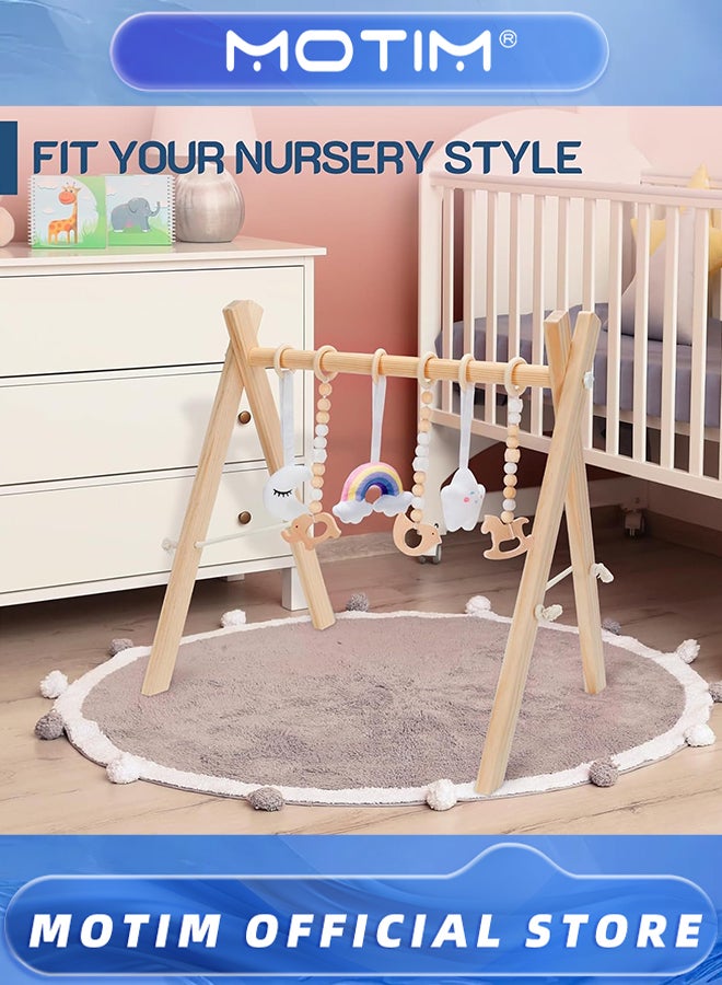 Motim Wooden Baby Play Gym with 6 Gym Toys Foldable Frame Activity Center Hanging Bar Natural Wood Play Gym Fit Baby Gym Mat - Image 4