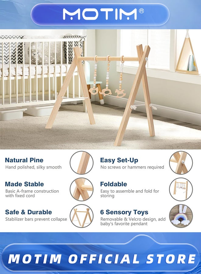 Motim Wooden Baby Play Gym with 6 Gym Toys Foldable Frame Activity Center Hanging Bar Natural Wood Play Gym Fit Baby Gym Mat - Image 5