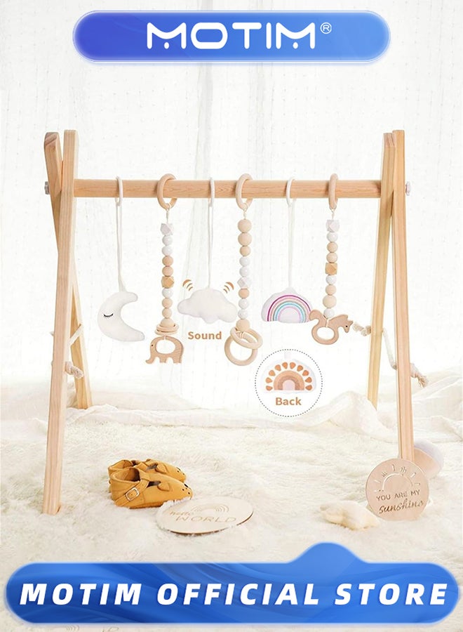 Motim Wooden Baby Play Gym with 6 Gym Toys Foldable Frame Activity Center Hanging Bar Natural Wood Play Gym Fit Baby Gym Mat - Image 1