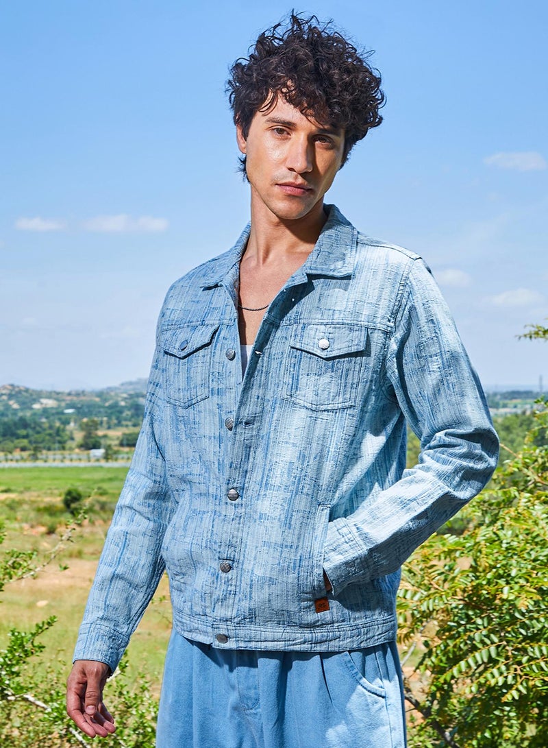 كامبوس سوترا Men's Light Blue Heavily Washed Denim Jacket  - Image 3