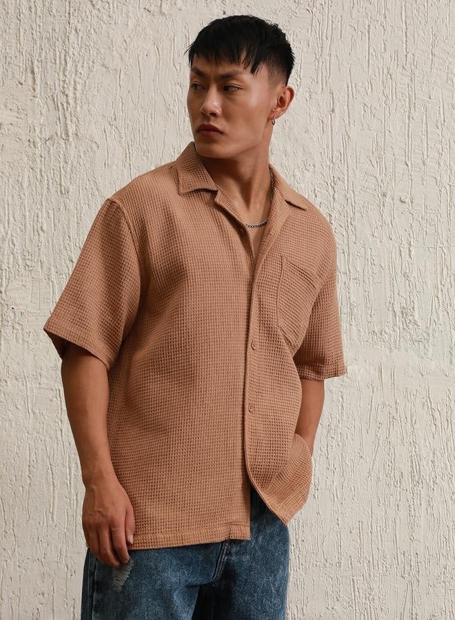 Hubberholme Brown Shirt for Men, Baggy Fit, Cotton Blend - Image 1