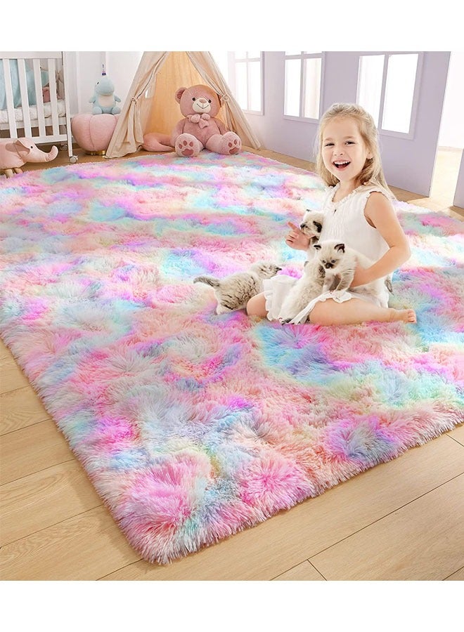 Fluffy Rugs for Girls Bedroom Plush Furry Rug Ultra Soft Fluffy Area Rugs Anti Slip Plush Carpets High Pile Tie Dye Rugs for Living Room Bedroom Kids Room Kawaii Princess Rug  - Image 1