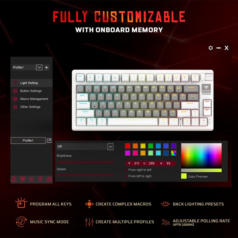 EvoFox Ronin Wireless Mechanical Keyboard (BT+2.4GHz+Wired) | 9 Layer Gasket Structure, Outemu Red Switches, Per-Key RGB, 1000Hz, nKey Rollover, Volume Controller | Windows Software (White) - Image 5