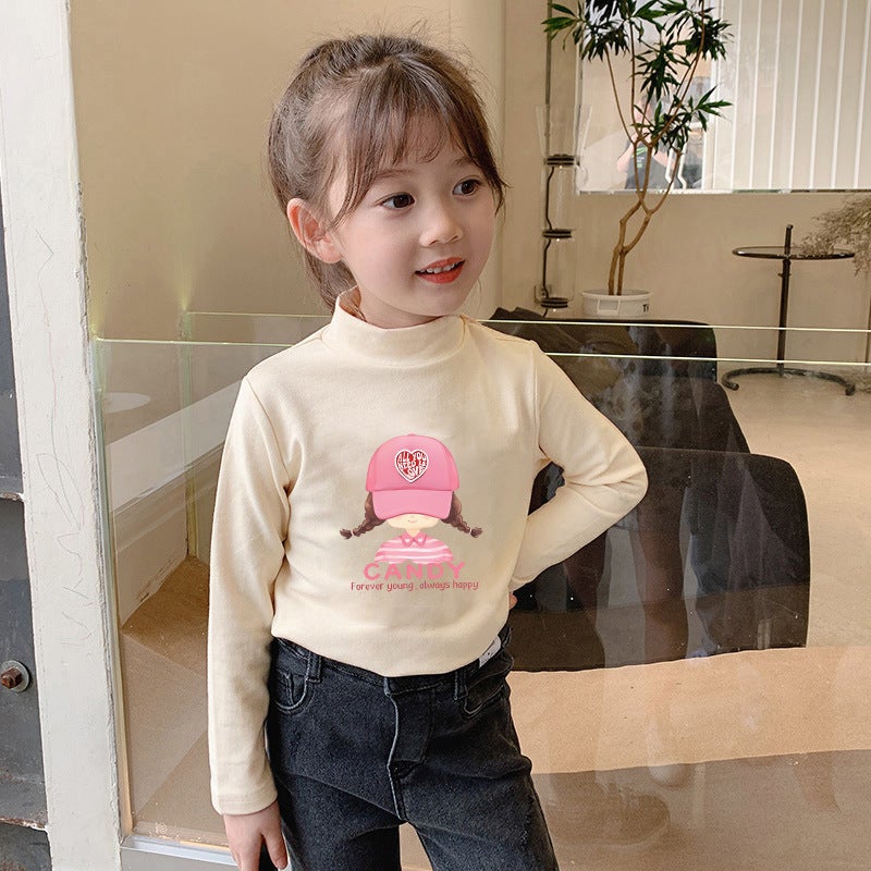 Children'S Base Shirt Half-High Collar Girl'S White Baby'S Long-Sleeved T-Shirt De-Velvet Base T-Shirt - Image 1