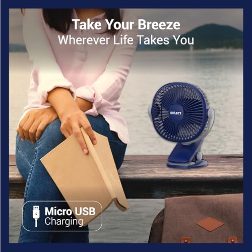 Dylect® Briza Clip Mate Rechargeable Fan | 2000mAh Battery | 8H Runtime | TruSilent BLDC Motor | 3-Speed | 360° Rotation | MICRO-B | Clip & Wall-Mount Fan | Home/Office/Travel | Imperial Blue - Image 4