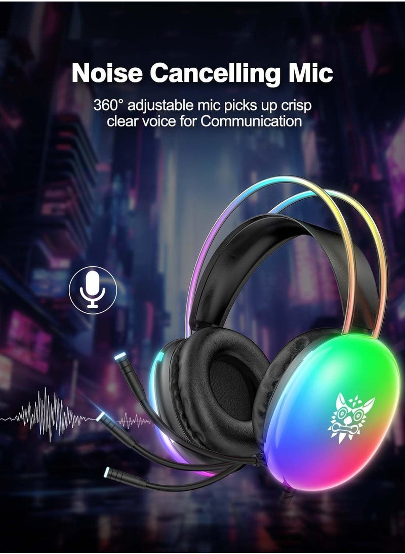 onikuma - ONITOON Gaming Headsets with Microphone, PC Wired RGB Rainbow Gaming Headphones for PS4/PS5/MAC/XBOX/Laptop, Lightweight 3.5mm Audio Over Ear Headphone, Stereo Surround, Auto-Adjust Headband, Black - Image 1
