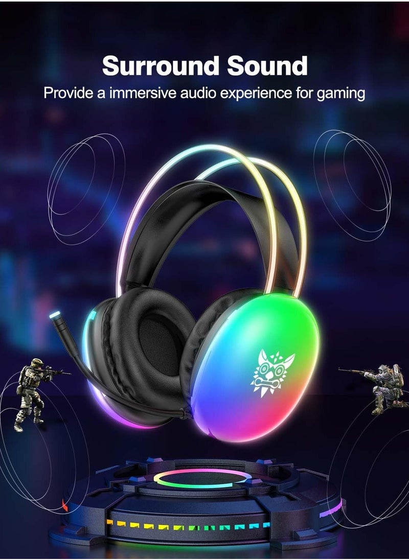 onikuma - ONITOON Gaming Headsets with Microphone, PC Wired RGB Rainbow Gaming Headphones for PS4/PS5/MAC/XBOX/Laptop, Lightweight 3.5mm Audio Over Ear Headphone, Stereo Surround, Auto-Adjust Headband, Black - Image 1