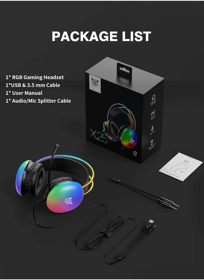 onikuma - ONITOON Gaming Headsets with Microphone, PC Wired RGB Rainbow Gaming Headphones for PS4/PS5/MAC/XBOX/Laptop, Lightweight 3.5mm Audio Over Ear Headphone, Stereo Surround, Auto-Adjust Headband, Black - Image 1