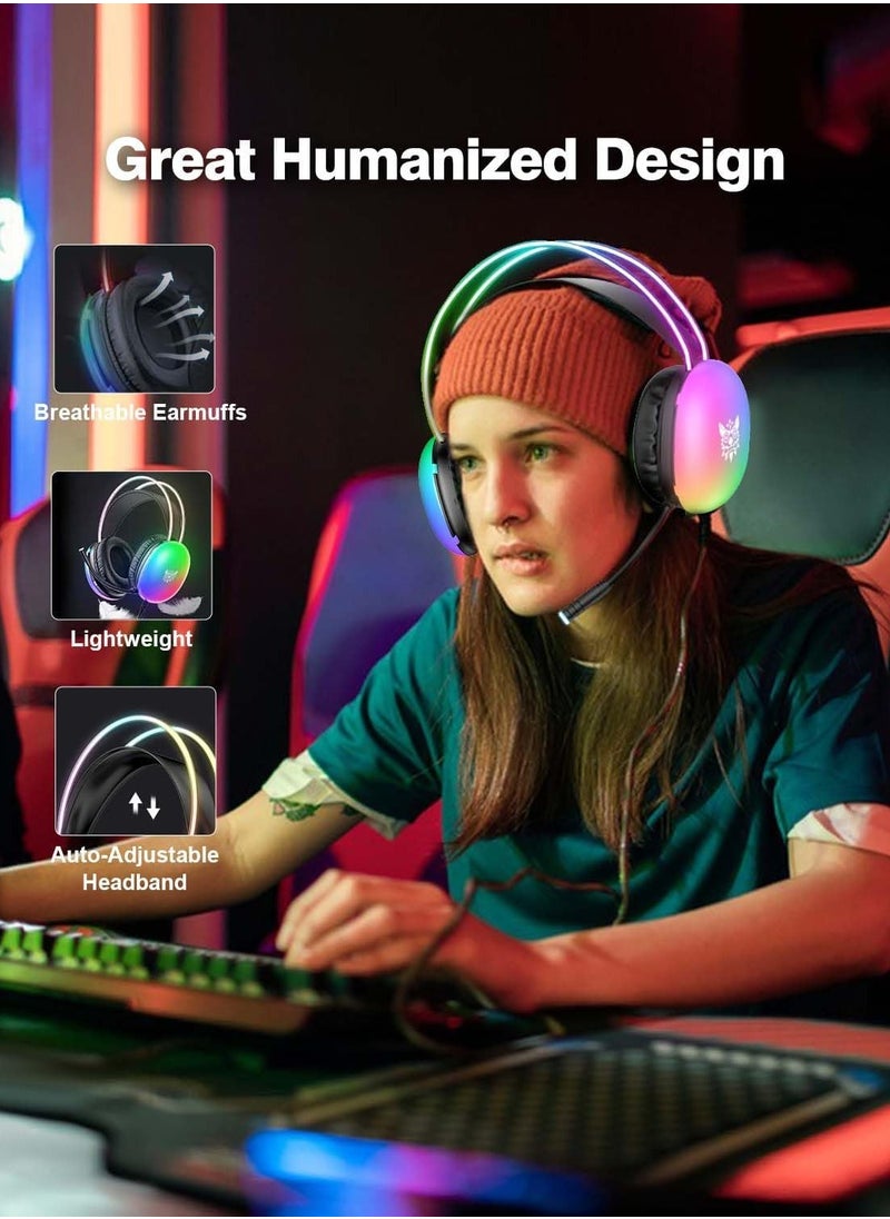 onikuma - ONITOON Gaming Headsets with Microphone, PC Wired RGB Rainbow Gaming Headphones for PS4/PS5/MAC/XBOX/Laptop, Lightweight 3.5mm Audio Over Ear Headphone, Stereo Surround, Auto-Adjust Headband, Black - Image 1